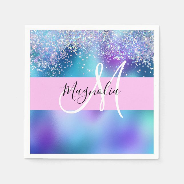 Glam Holographic Mermaid Glitter Sparkle Monogram Napkin (Front)