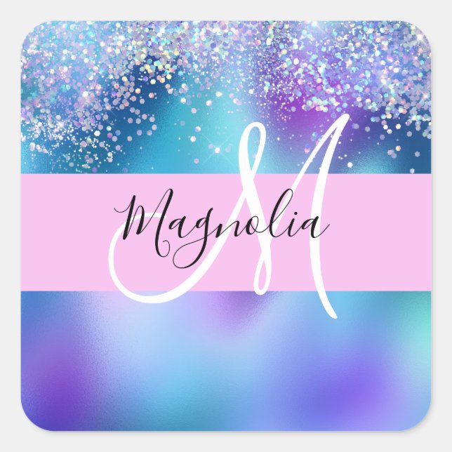 Glam Holographic Mermaid Glitter Sparkle Monogram Square Sticker (Front)