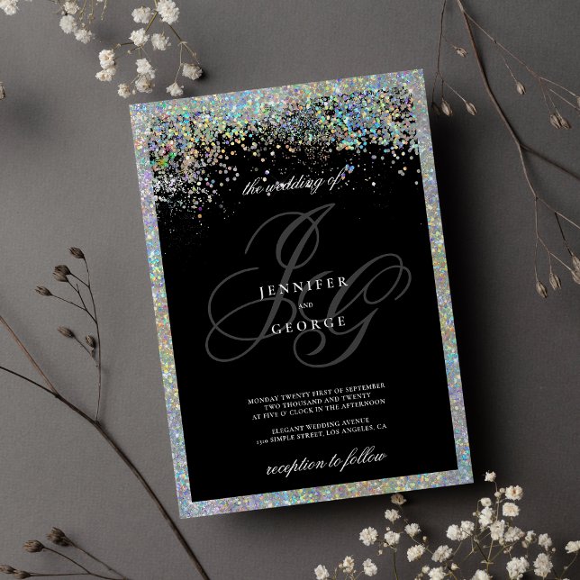Glam holographic silver glitter initials wedding  invitation (Glam holographic silver glitter initials wedding)