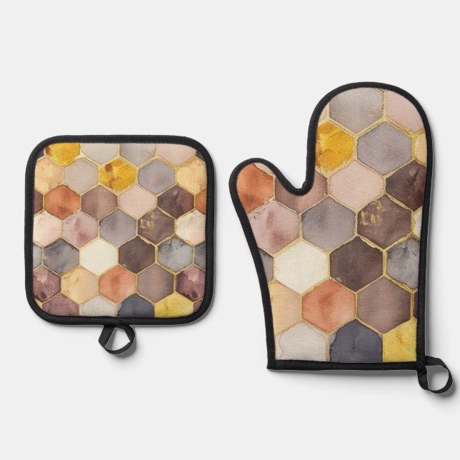 Glam Honey Comb Blush Champagne Abstract Oven Mitt & Pot Holder Set (Front)