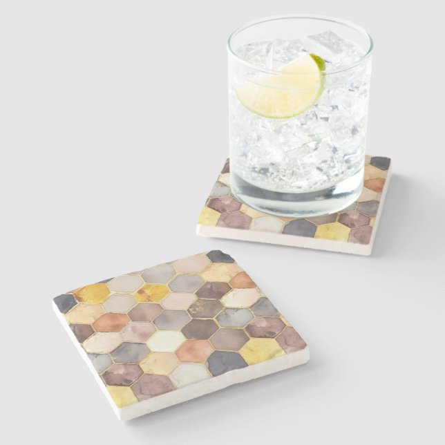 Glam Honey Comb Blush Champagne Abstract Stone Coaster (Side)