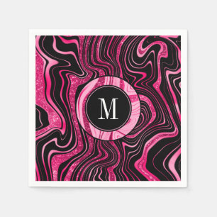 Glam Hot Pink Black Marble Agate Glitter Monogram Napkin