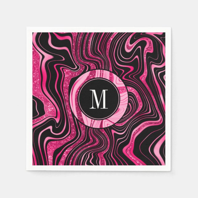 Glam Hot Pink Black Marble Agate Glitter Monogram Napkin (Front)