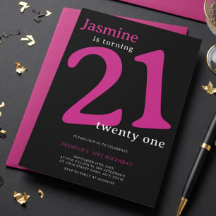 Glam Hot Pink Black Turning 21 Birthday Invitation