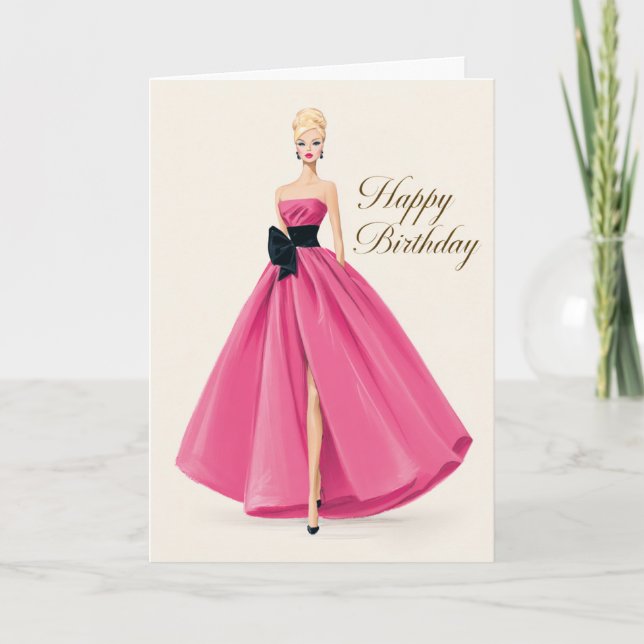 Glam Hot Pink Dress Birthday Card for Her (Front)