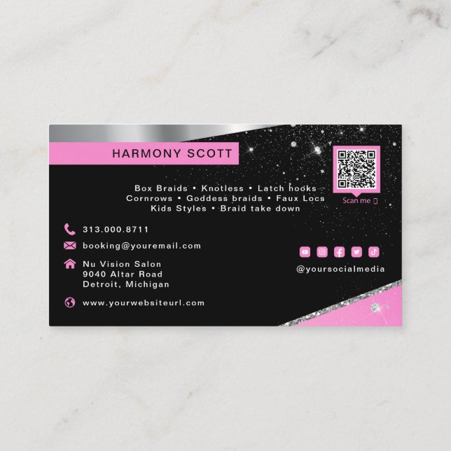Glam Hot Pink Glitter Diamond Hair Braider Salon Business Card (Back)