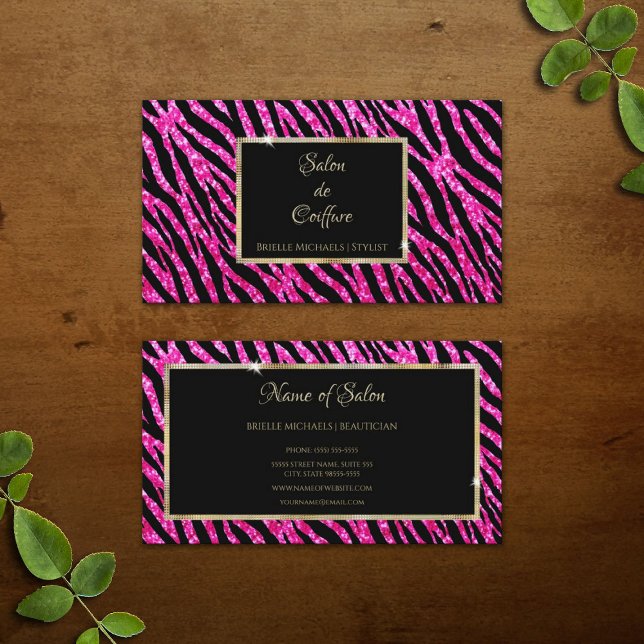 Glam Hot Pink Glitter Zebra Print and Gold Frame Business Card (Glam Hot Pink Glitter Zebra Print and Gold Frame Business Cards)