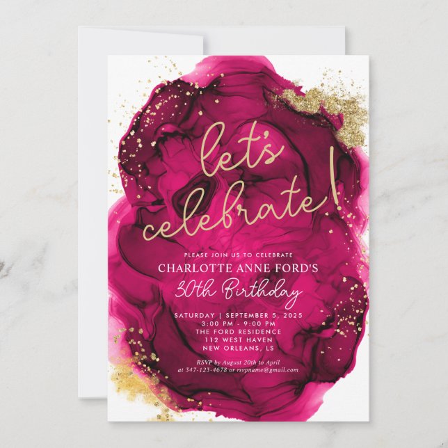 Glam Hot Pink Gold Glitter Alcohol Ink Birthday Invitation (Front)
