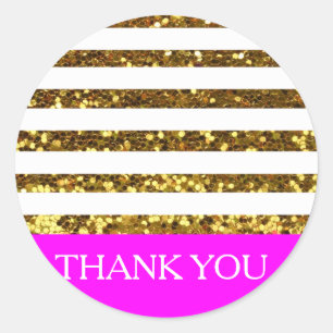 Glam/Hot Pink Gold Sequins Stripes/Personalised Classic Round Sticker