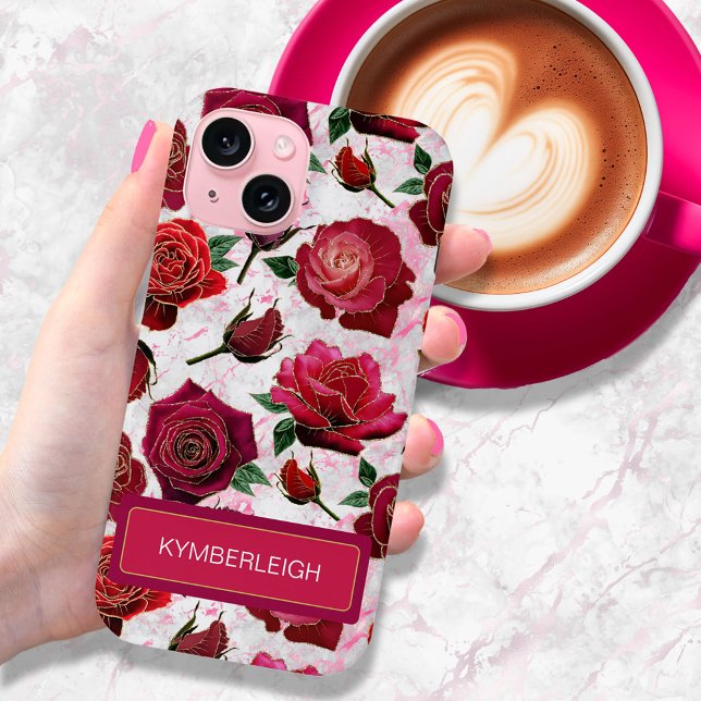 Glam Hot Pink Purple Roses Marble Monogram Name Case-Mate iPhone Case (Creator Uploaded)