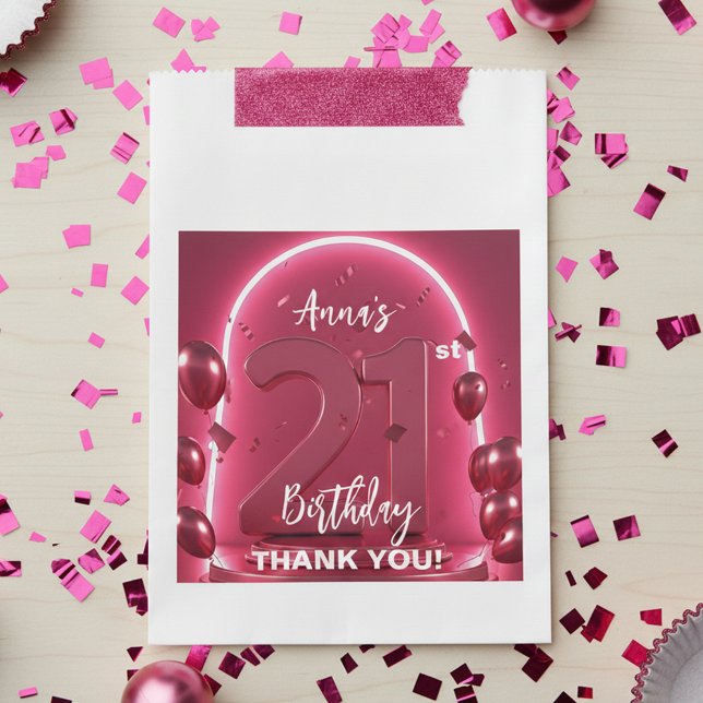 Glam Hot Pink Rose Gold Balloons 21st Birthday Favour Bag (Creator Uploaded)