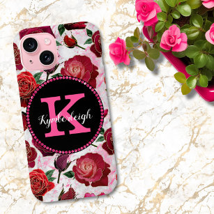 Glam Hot Pink Roses Marble Diamond Monogram Name iPhone 13 Pro Max Case