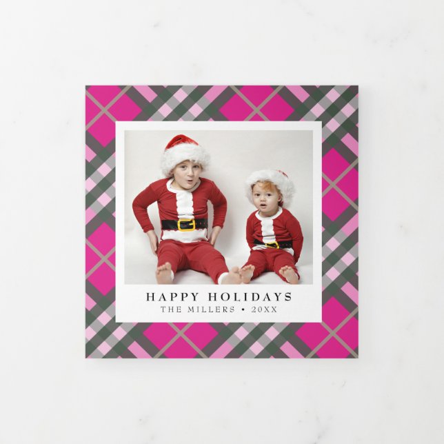Glam Hot Pink Tartan Plaid Christmas Tri-Fold Holiday Card (Cover)
