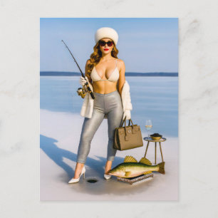 Glam Ice Fishing with Caviar and Champagne Holiday Postcard