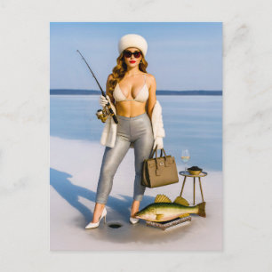 Glam Ice Fishing with Caviar and Champagne Holiday Postcard