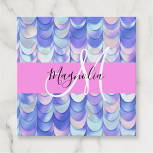 Glam Iridescent Blue Mermaid Scales Name Monogram Favour Tags