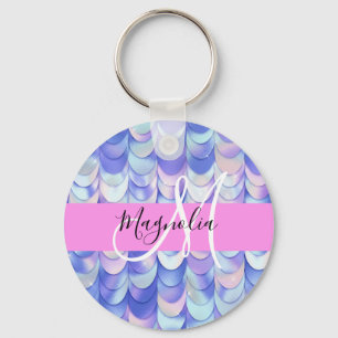 Glam Iridescent Blue Mermaid Scales Name Monogram Key Ring