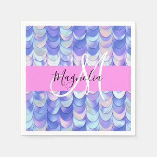 Glam Iridescent Blue Mermaid Scales Name Monogram Napkin