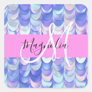 Glam Iridescent Blue Mermaid Scales Name Monogram Square Sticker