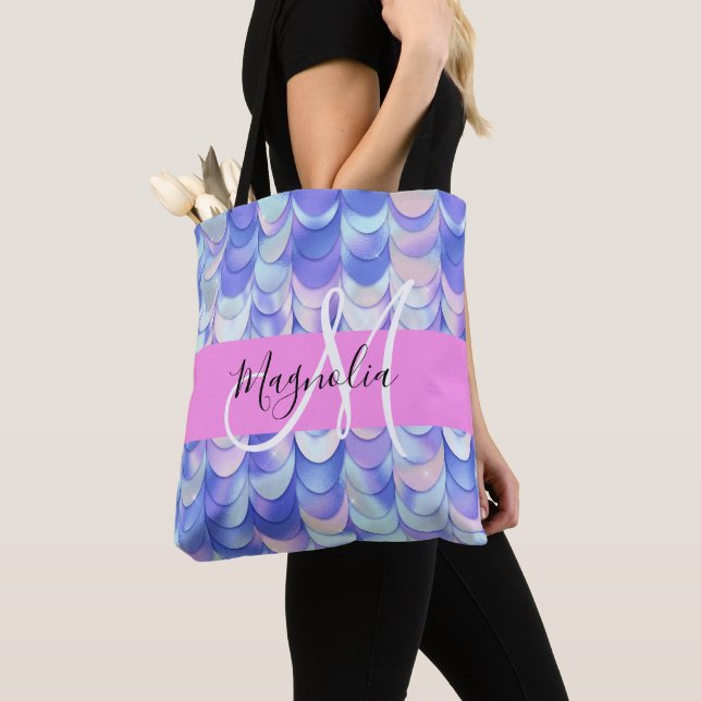 Glam Iridescent Blue Mermaid Scales Name Monogram Tote Bag (Close Up)