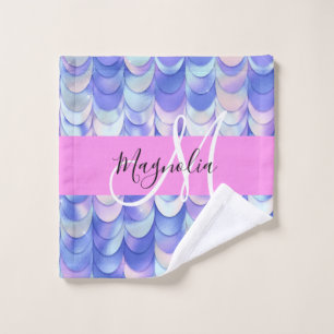 Glam Iridescent Blue Mermaid Scales Name Monogram Wash Cloth
