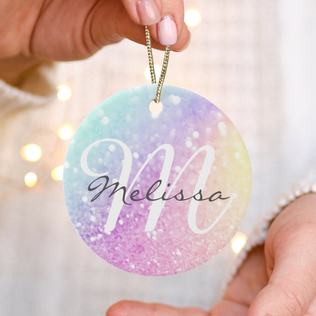 Glam Iridescent Glitter Personalized Colorful Ceramic Ornament