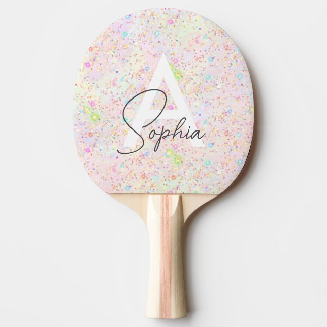 Glam Iridescent Holographic Glitter Monogram Name  Ping Pong Paddle (Front)