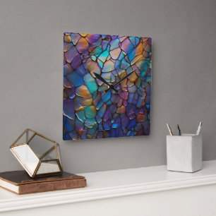 Glam Iridescent Opal Gemstone Stained Glass Square Wall Clock