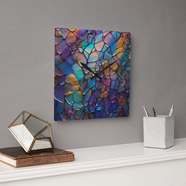 Glam Iridescent Opal Gemstone Stained Glass   Square Wall Clock (Office)
