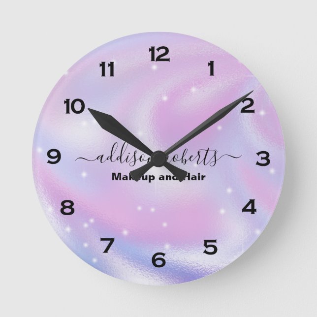 Glam Iridescent Sparkle Holographic Round Clock (Front)