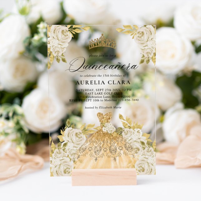 Glam Ivory Gold Dress Floral 15th Quinceañera Acrylic Invitations (Creator Uploaded)