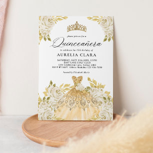 Glam Ivory Gold Dress Floral 15th Quinceañera Invitation