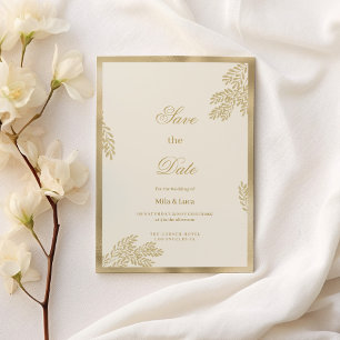 Glam ivory gold glitter leaf floral Save the Date Invitation