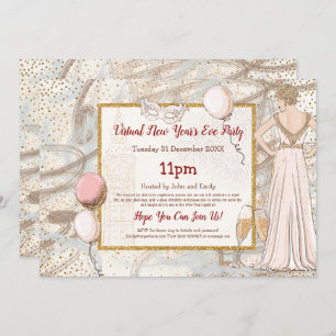 Glam Lady Confetti Sparkly Virtual New Year Party Invitation