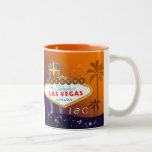 Glam Las Vegas Monogrammed Wedding Two-Tone Coffee Mug<br><div class="desc">Gorgeous Las Vegas sign tropical palm tree silhouettes glittering stars purple & orange background illustrated on custom Wedding Gift or Keepsake Mugs. Special custom mugs you can personalise for your Las Vegas themed engagement, wedding or anniversary. ((You can find the matching wedding essentials & favours in this store, Bridal Heaven....</div>