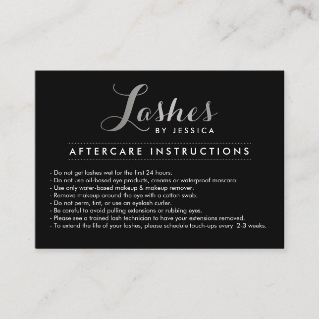 Glam Lashes Script Silver/Black Aftercare Card (Front)