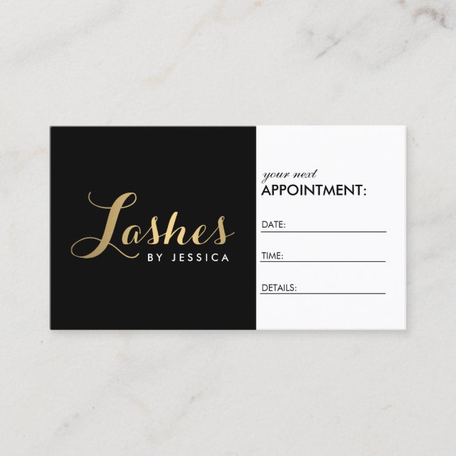Glam Lashes Script Text Gold/Black Appointment Card (Front)