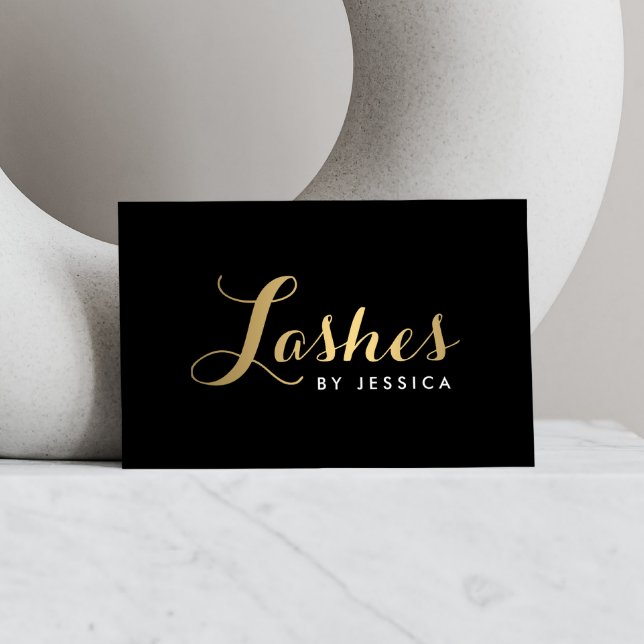 Glam Lashes Script Text Gold/Black Business Card (Creator Uploaded)