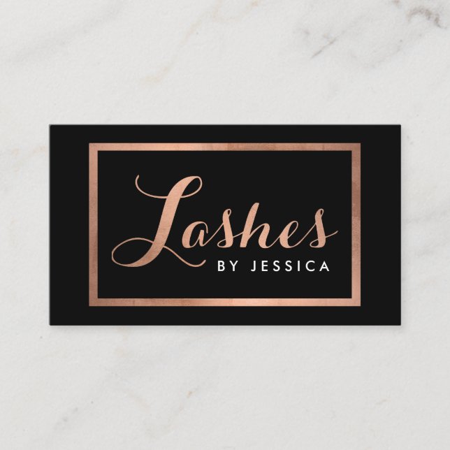 Glam Lashes Script Text Rose Gold/Black Framed Business Card (Front)