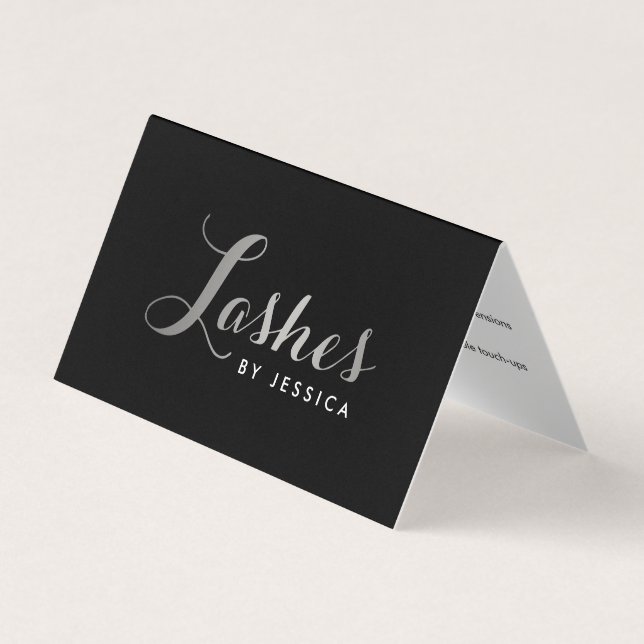Glam Lashes Script Text Silver/Black Aftercare Business Card (Front)