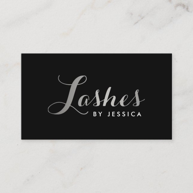 Glam Lashes Script Text Silver/Black Business Card (Front)