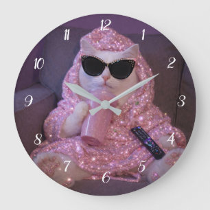 Glam Lazy Cat in Sunglasses with Sparkl Large Clock