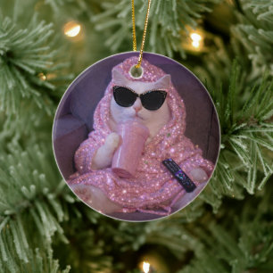 Glam Lazy Cat in Sunglasses with Sparkly Drink Ceramic Ornament