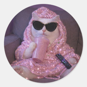 Glam Lazy Cat in Sunglasses with Sparkly Drink Classic Round Sticker