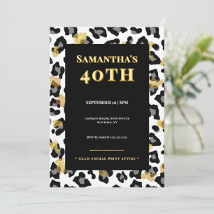 Glam Leopard 40th Birthday Invitation Gold Black
