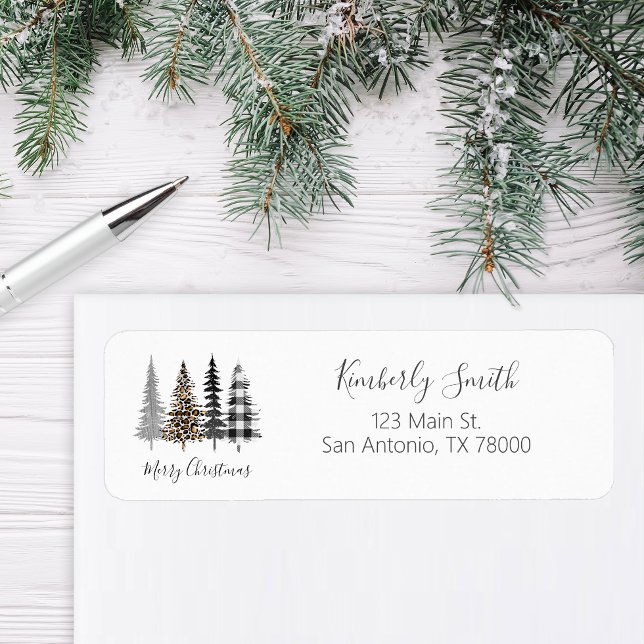 Glam Leopard and Plaid Christmas Address Return Address Label (Modern Farmhouse Return Address Sticker)