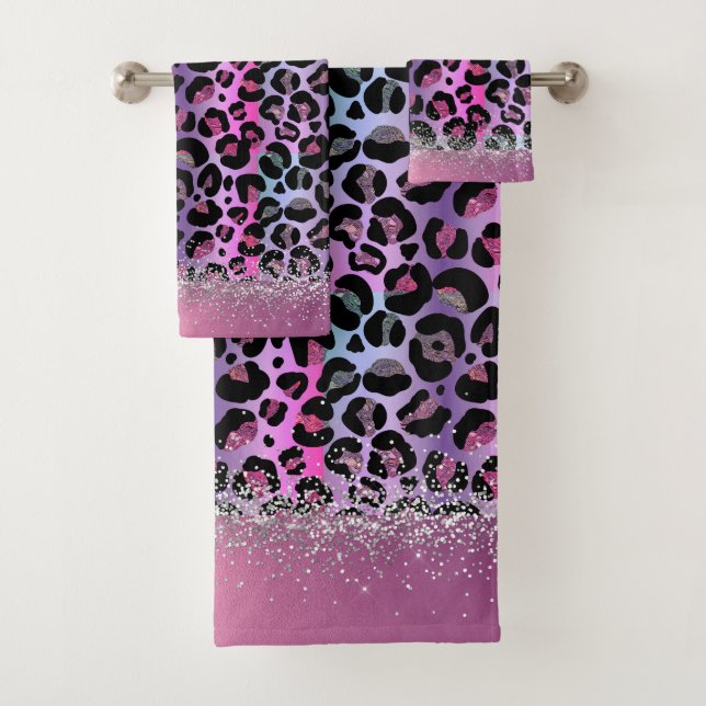 Glam Leopard Pink and Purple Glitter  Bath Towel Set (Insitu)