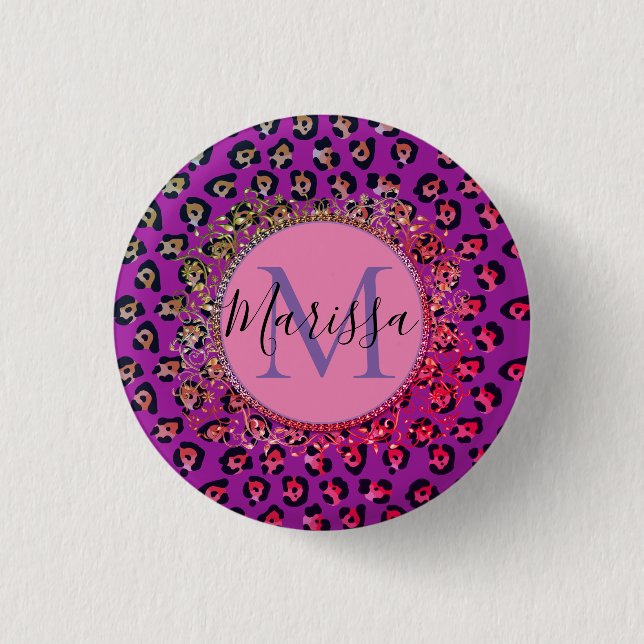 Glam Leopard Pink and Purple Monogram   3 Cm Round Badge (Front)