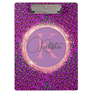 Glam Leopard Pink and Purple Monogram Clipboard