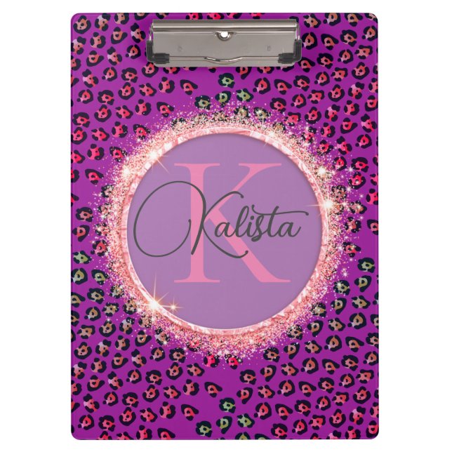 Glam Leopard Pink and Purple Monogram Clipboard (Front)